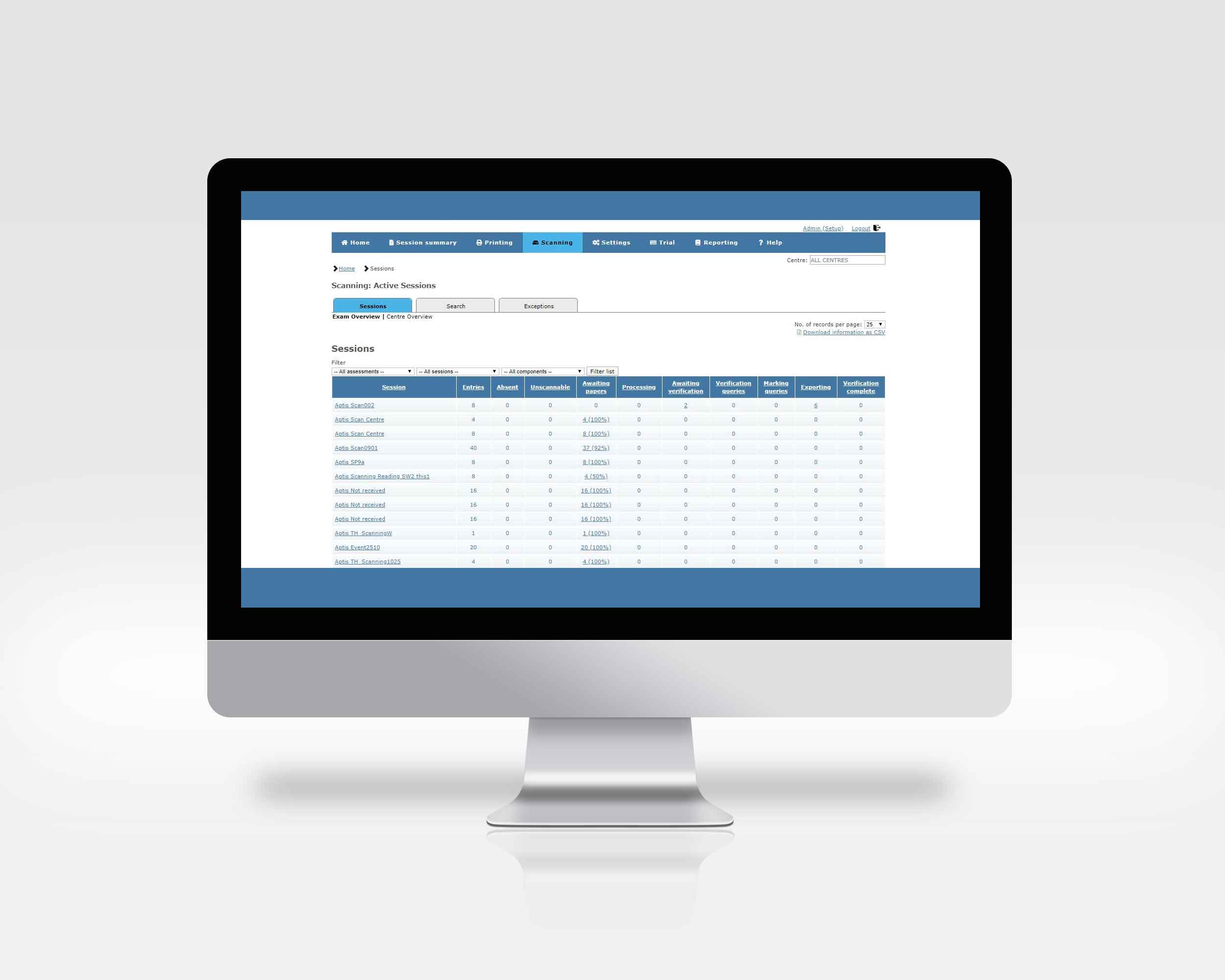 Typical admin view, showing current scan state across all centres